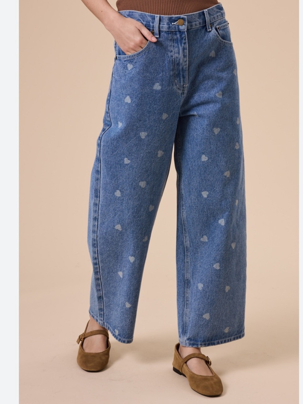 Míou Muse Women’s wide Leg‎ Blue Heart-Print Jeans high waisted Sz S